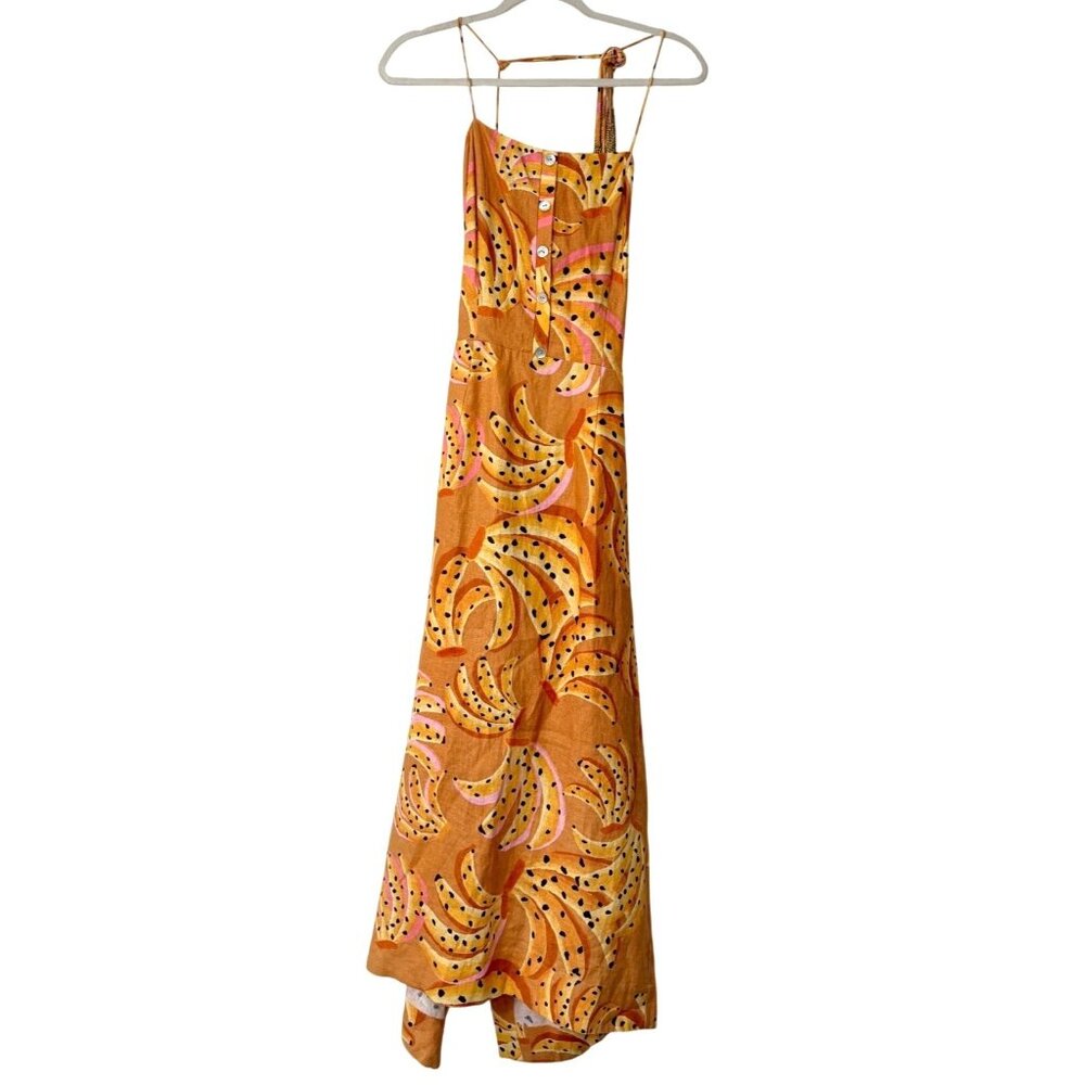 Farm Rio Caramel Raining Banana Midi Dress Linen Womens XL Orange Yellow NEW - Picture 2 of 8